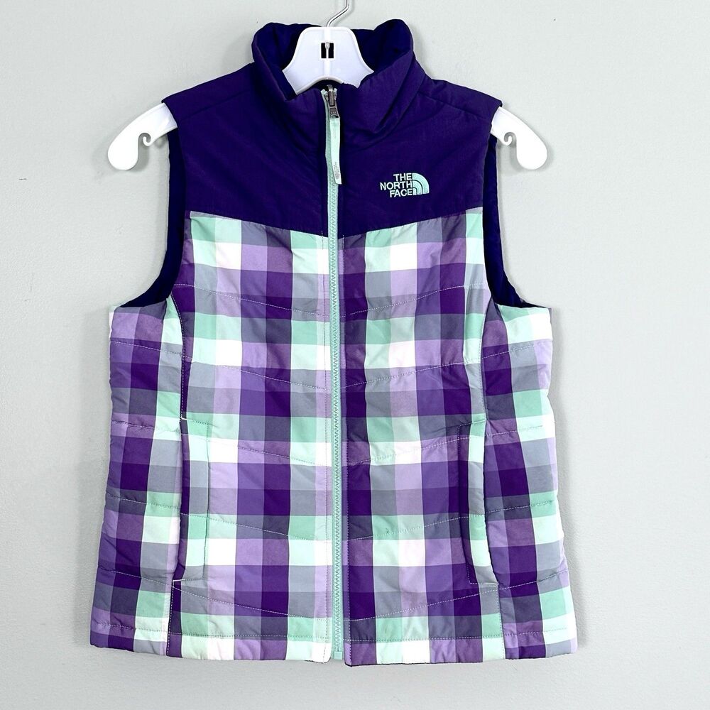 The North Face Puffer Vest Girls Medium 10-12 Purple Plaid Outdoor Gorpcore